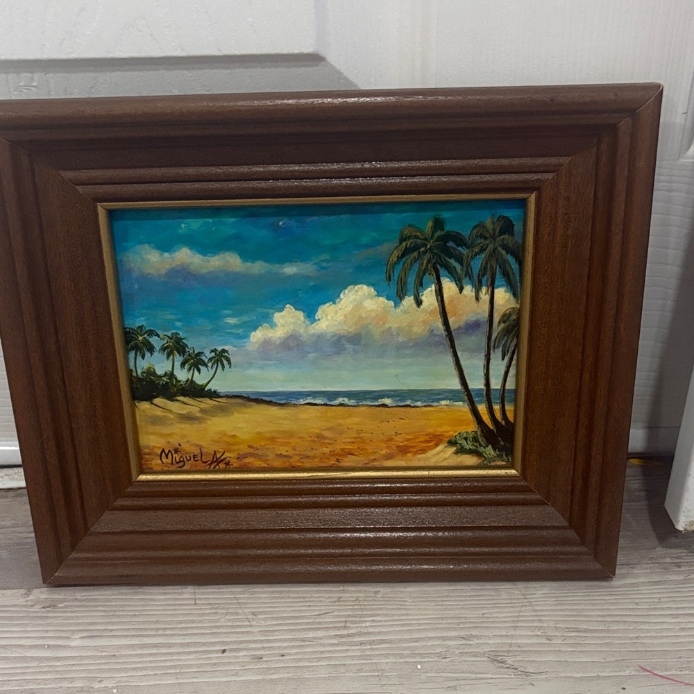 Vintage  beach wood frame landscape palm tree